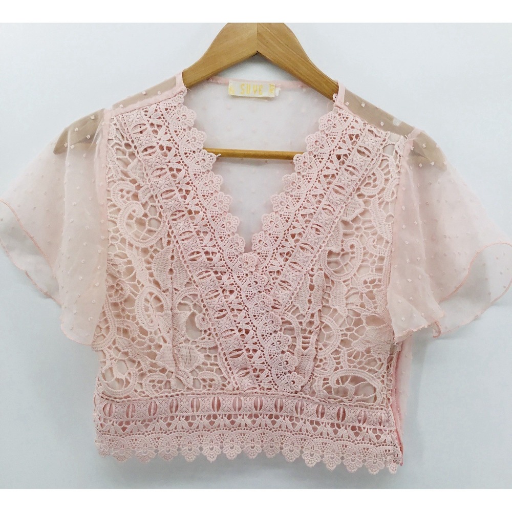 Suye Pink Crochet Lace Crop Top Sheer Sz S Flutter Sleeve Boho Festival JJ33